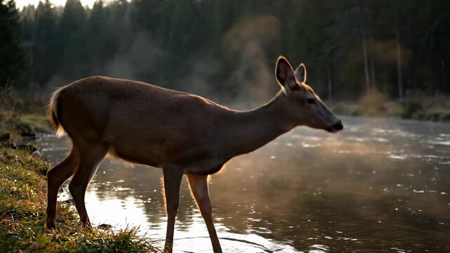 A Deer Stands by a Misty River at Sunrise in a Forest.