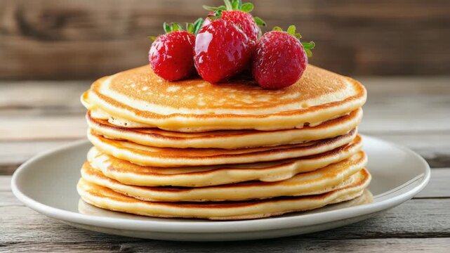 Fluffy pancake stack with strawberries and syrup on rustic breakfast plate, golden morning feast