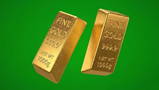 Two Gold Bars Rotate on Green Screen Chroma Key, 3d Animation, 4k Stock Video