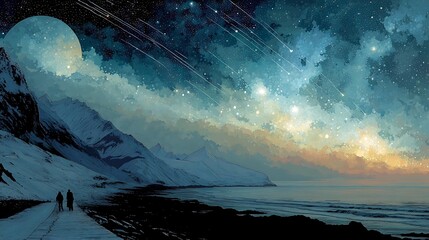 Two people walking near ocean under night sky with full moon and shooting stars