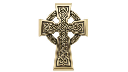 Isolated ornate Celtic cross bronze color medieval religious object decorative knotwork design