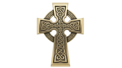 Isolated ornate Celtic cross bronze color medieval religious object decorative knotwork design