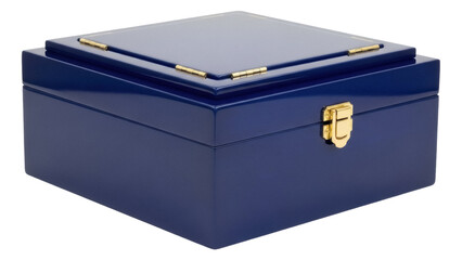 Isolated shiny blue wooden box with brass hardware, empty container for valuables