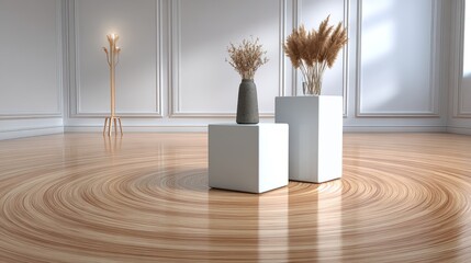 Minimalist Interior with Vases and Wooden Floor.