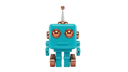 Isolated Teal Square Robot Toy with Antenna, Circular Eyes, Cylinder Arms, and Cylinder Wheels