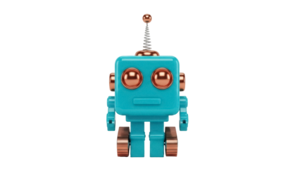 Isolated Teal Square Robot Toy with Antenna, Circular Eyes, Cylinder Arms, and Cylinder Wheels