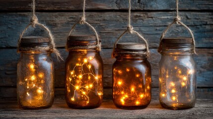 Mason Jars with Fairy Lights Hanging.