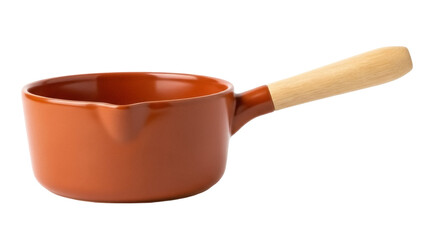 Isolated terracotta saucepan with a wooden handle, cooking equipment kitchen utensils
