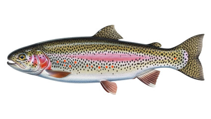 Isolated colorful rainbow trout illustration, full body side view with detailed fins and spots