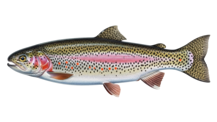 Isolated colorful rainbow trout illustration, full body side view with detailed fins and spots