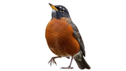 Isolated American robin standing with one leg raised, looking upwards towards the sky