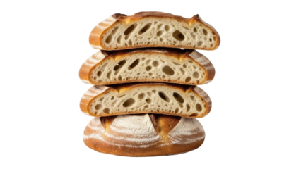 Isolated stack of sliced sourdough bread loaf showing porous texture, ready for breakfast