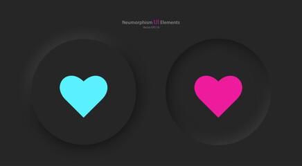 A set of round black buttons with pink and blue hearts symbol. A heart-shaped vector icon in a fashionable neomorphic style. Vector EPS 10.