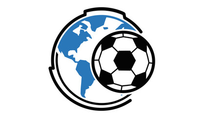 Global soccer ball icon with a blue earth globe and black outline, isolated white background.