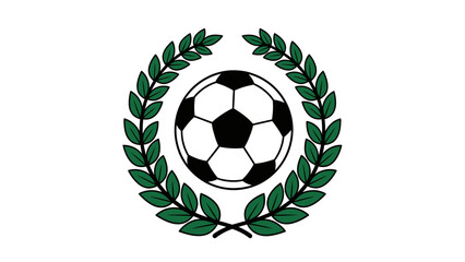 Obraz premium Classic soccer ball within a green laurel wreath symbolizing victory, isolated white background.