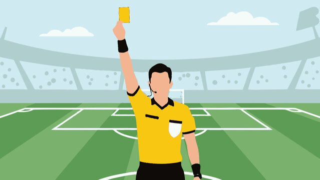 Stern football referee showing a yellow card on a green stadium field, indicating a foul.