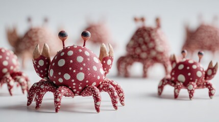 Close up of numerous decorative crabs with red and white polka dots