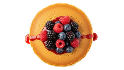 Isolated pancake stack topped with mixed berries and a drizzle of syrup for healthy breakfast