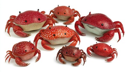 Collection of vibrant red crabs on white background studio shot isolated