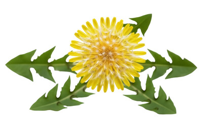 Isolated flowering dandelion with leaves in a symmetric arrangement for springtime concepts