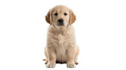 Isolated Golden Retriever puppy sitting straight on a plain background in studio shot looking ahead