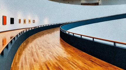 Modern Art Gallery Interior with Curved Walkway.