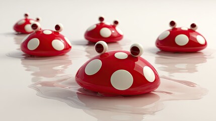 Red polka dot objects floating on a reflective white surface