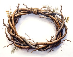 A watercolor-style wreath of intertwined brown twigs with foliage, bound with twine on white