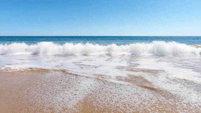 Calm ocean wave shore golden sand blue sky horizon sea foam shoreline tranquil beachscape summer