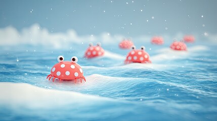 Cartoon crabs floating in blue water with white polka dots and expressive eyes