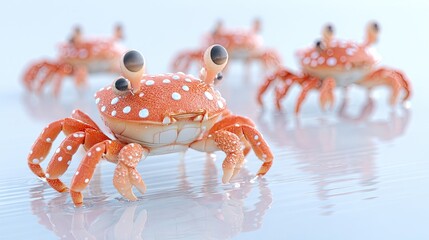 Orange crabs with white spots on reflective surface focus on front creature