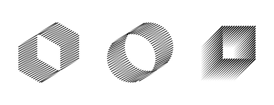 Geometric shapes with dynamic parallel hatching lines, striped frame minimal line art illustration.