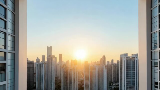 Sunrise city skyline apartment window golden light urban highrise glass facades peaceful morning