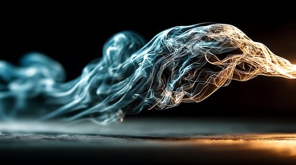 Abstract swirling smoke plume, blue and golden light effects on dark background, art illustration