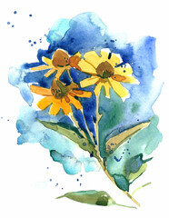 Bright watercolor painting of yellow wildflowers on a blue background, artistic floral illustration with expressive brush strokes and splashes