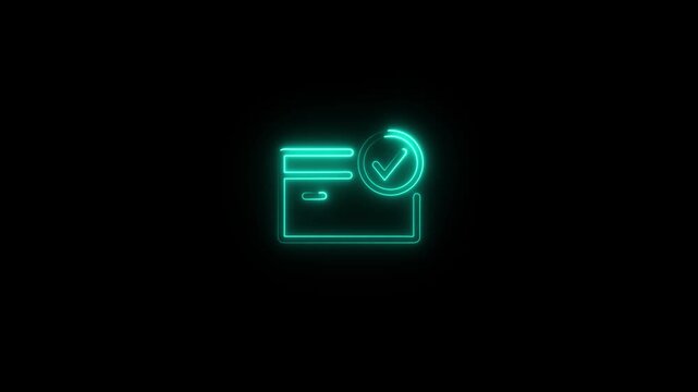 Abstract neon credit card icon with security symbol on black background. Financial security animation HD video isolated.
