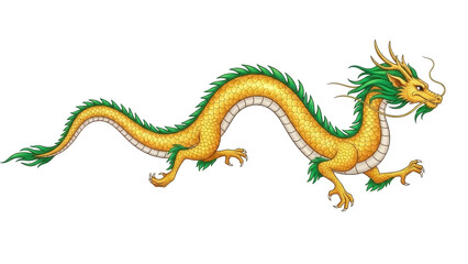 Isolated golden Chinese dragon with green accents, mythical creature in motion, side view