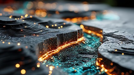 Abstract topographic map design with glowing blue and gold lines and bokeh effects