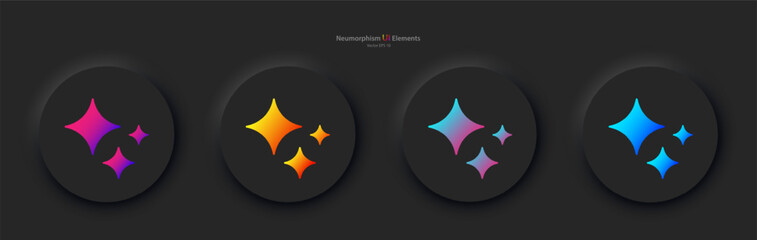 A set of four black round buttons with an artificial intelligence sign in different colors. Buttons in the neumorphic style. Vector graphics EPS 10.