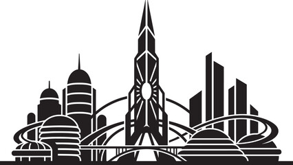 Futuristic city skyline with spires domes and elevated futuristic transport tubes © Zakir Ali