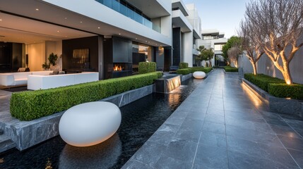Modern Luxury Home Exterior with Illuminated Pathway.