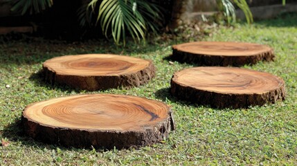 Wooden stepping stones on green grass outdoors natural environment