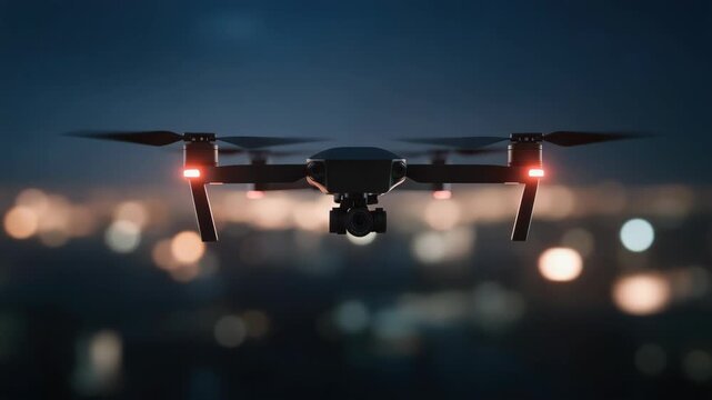 Drone camera aerial night city bokeh hovering over blurred city lights cinematic mood