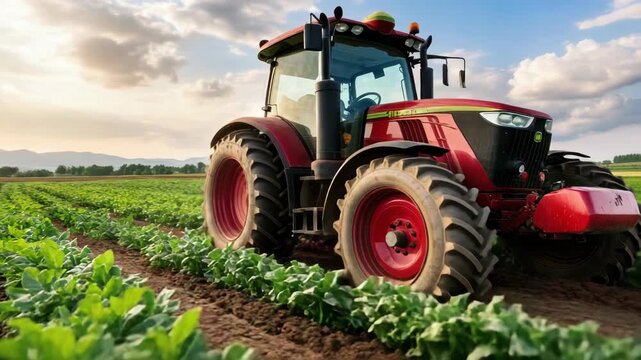 Red tractor plowing vegetable field at golden hour on farm soil with crop rows and dramatic sky