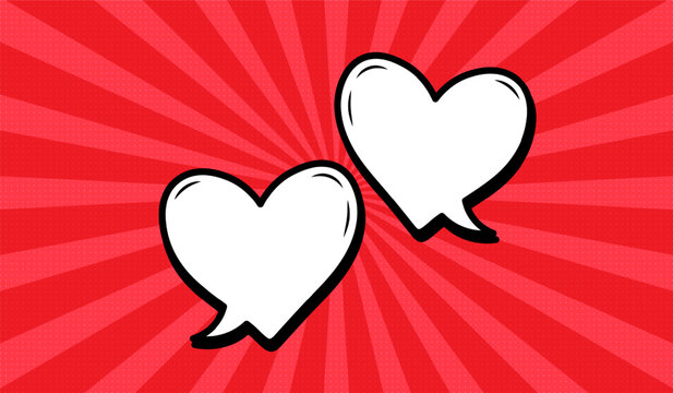 Two heart-shaped speech bubbles in retro comic style on a red background. Speech bubbles with semitones and radial rays, or elements of cartoon design, comics. Vector EPS 10.
