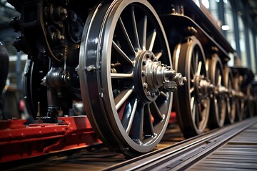 Close-up of vintage train wheels on railway tracks in workshop