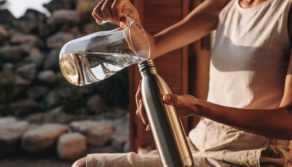 A person pours water from a glass pitcher into a stainless steel water bottle, showcasing a moment of hydration and sustainability.