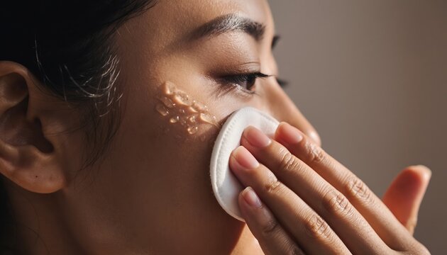 A close-up of a person using a cotton pad on their face, demonstrating skincare routine and product application.