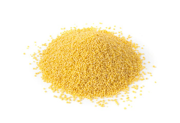 Raw millet grains pile isolated. Little yellow cereal, natural foxtail small seeds
