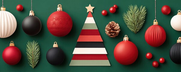 Festive green background with a striped Christmas tree cutout and hanging ornaments